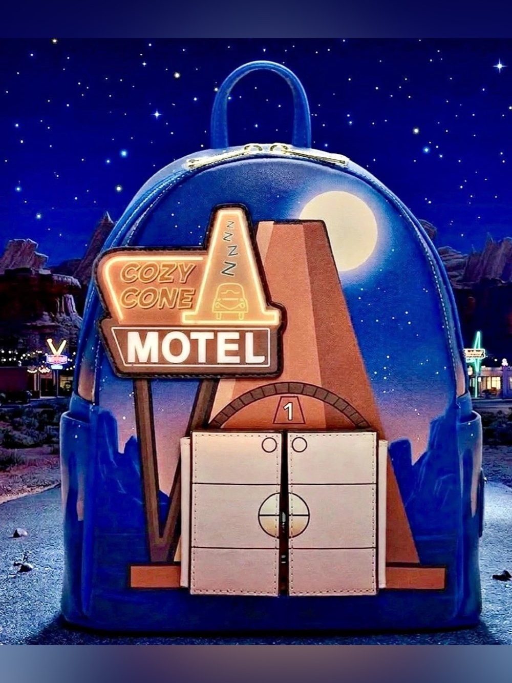 NEW Loungefly Pixar Cars COZY CONE Motel Lightning McQueen GITD Backpack